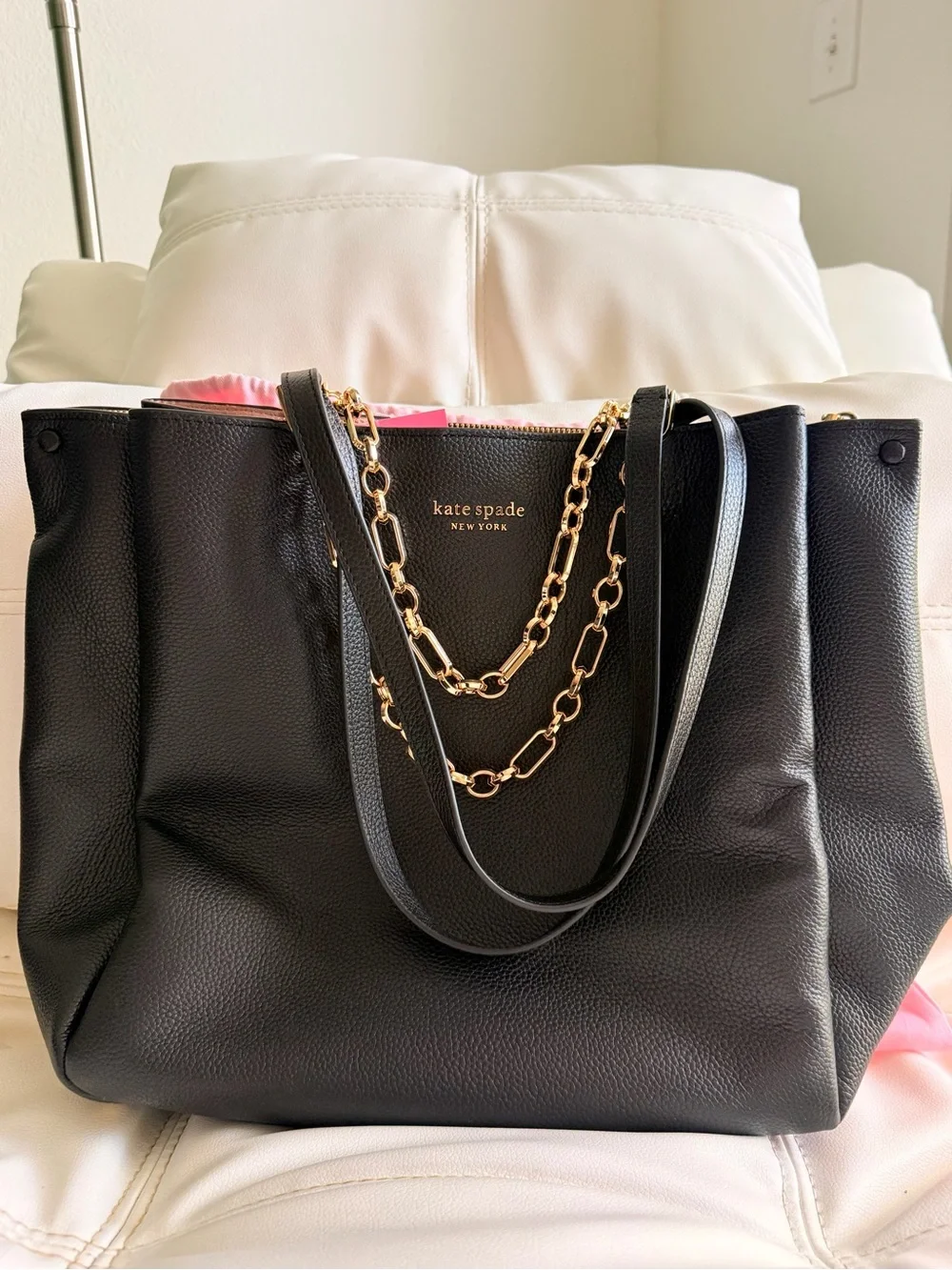 NWT Kate Spade Carlyle Pebbled Leather Tote | Black | Gold Chain | MSRP $398